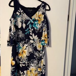 Connected Apparel Floral Asymmetrical Dress in Yellow and Teal